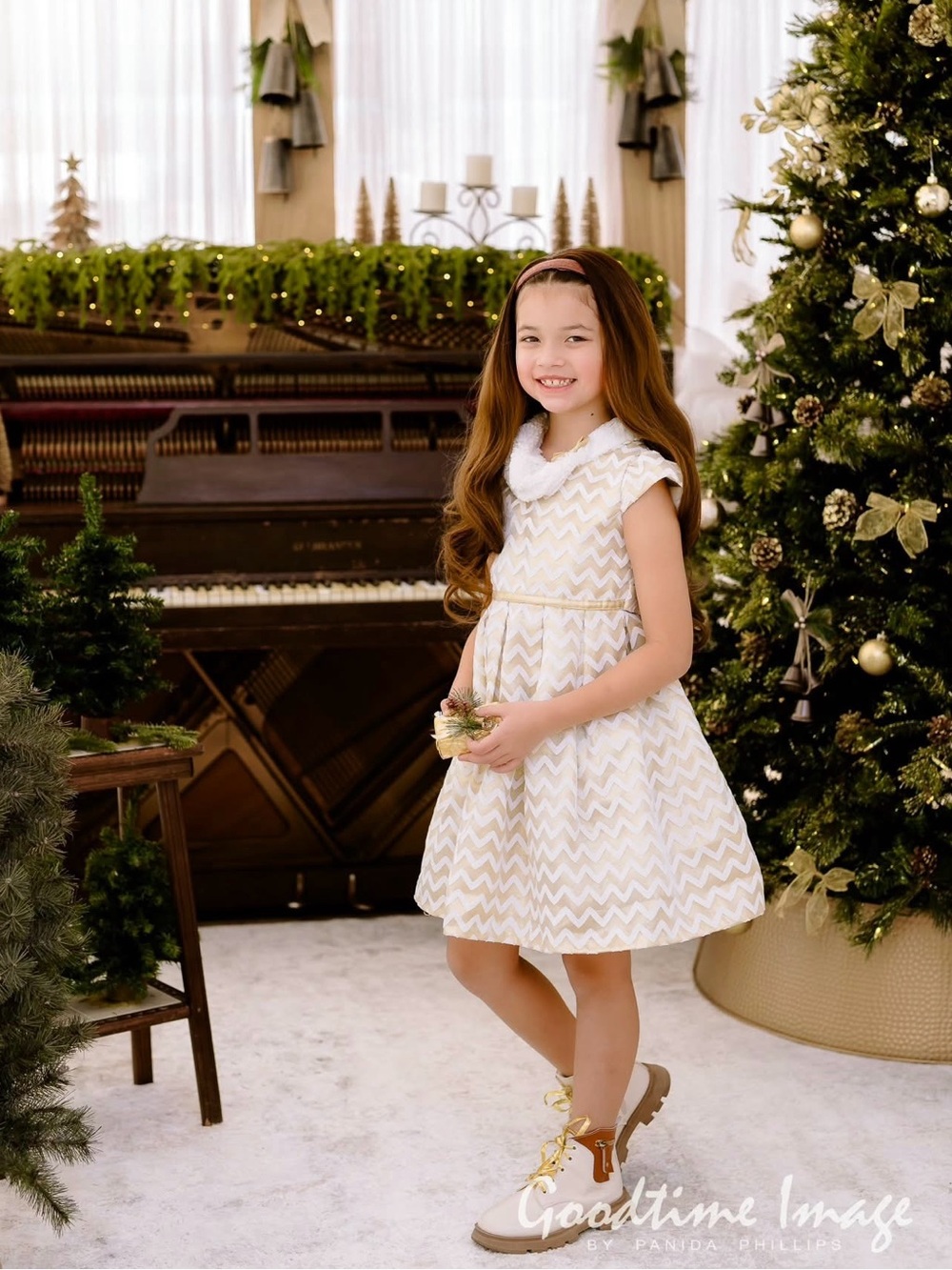 Girls White and Gold Chevron Party Dress